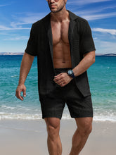 Load image into Gallery viewer, 2Pcs Men's Co-ord Set - Breathable Hollow Out Short Sleeve Shirt and Drawstring Shorts for Summer - Daily Leisure, Vacation, Resorts, and Outdoor Activities
