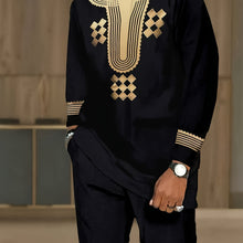 Load image into Gallery viewer, Men's African-Inspired Long Sleeve T-Shirt - Black &amp; Golden Ethnic Print with Nigerian/ Ghanaian Style Patterns, Loose Fit Casual &amp; Formal Wear, All-Season Round Neck Shirt (No Pants) for Daily Outfits &amp; Cultural Events
