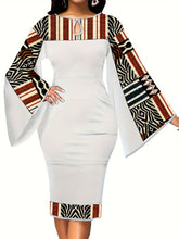 Load image into Gallery viewer, African Dresses For Women Bell Sleeve Print Casual Dress Elegant Nigerian Bodycon Pencil Attire
