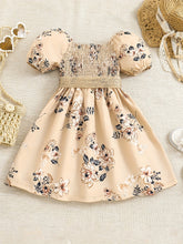 Load image into Gallery viewer, Floral Puff Sleeve Shirred Belted Princess Dress for Girls, Summer Party Beach Vacation Clothes
