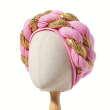 Load image into Gallery viewer, Elegant Golden Spangle 2-Strand Braid Turban - Vibrant African Wedding Headwear, Lightweight Polyester Fabric, Handwash/Dry Clean, Non-Stretch, Toggle Closure, Festive Attire|Luxury Headwrap|Intricate Braiding
