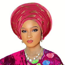 Load image into Gallery viewer, Elegant Nigerian-Inspired Floral Headscarf - Lightweight, Multi-Layered African Wrap for Women, Green with Golden Accents, Perfect for Weddings &amp; Formal Events, Wedding Headwear | Floral Pattern Scarf | Lightweight Headscarf
