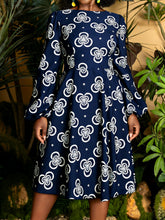 Load image into Gallery viewer, Plus Size, Plus Size Women's Elegant A-Line Short Dress with Green &amp; Golden African Print - Long Sleeve Round Neck Short Length (knee-Length hem) Fitted Bodice &amp; Flowy, Wrinkle-Resistant for Weddings, Parties, - Machine Washa
