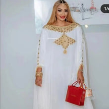Load image into Gallery viewer, Chiffon African Dashiki Muslim Abayas For Women Dubai Maxi Bazin Dress Pattern Print Kaftan Batwing Sleeve Sashes Pullover Robe
