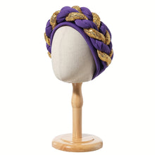 Load image into Gallery viewer, Elegant Golden Spangle 2-Strand Braid Turban - Vibrant African Wedding Headwear, Lightweight Polyester Fabric, Handwash/Dry Clean, Non-Stretch, Toggle Closure, Festive Attire|Luxury Headwrap|Intricate Braiding
