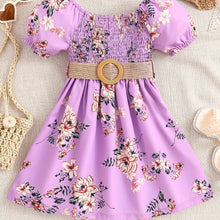 Load image into Gallery viewer, Floral Puff Sleeve Shirred Belted Princess Dress for Girls, Summer Party Beach Vacation Clothes
