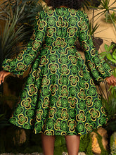Load image into Gallery viewer, Plus Size, Plus Size Women's Elegant A-Line Short Dress with Green &amp; Golden African Print - Long Sleeve Round Neck Short Length (knee-Length hem) Fitted Bodice &amp; Flowy, Wrinkle-Resistant for Weddings, Parties, - Machine Washa
