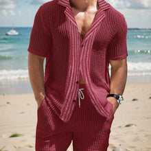 Load image into Gallery viewer, 2Pcs Men's Co-ord Set - Breathable Hollow Out Short Sleeve Shirt and Drawstring Shorts for Summer - Daily Leisure, Vacation, Resorts, and Outdoor Activities
