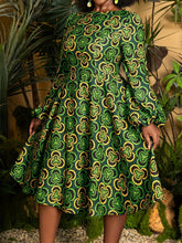 Load image into Gallery viewer, Plus Size, Plus Size Women's Elegant A-Line Short Dress with Green &amp; Golden African Print - Long Sleeve Round Neck Short Length (knee-Length hem) Fitted Bodice &amp; Flowy, Wrinkle-Resistant for Weddings, Parties, - Machine Washa
