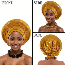 Load image into Gallery viewer, Elegant Nigerian-Inspired Floral Headscarf - Lightweight, Multi-Layered African Wrap for Women, Green with Golden Accents, Perfect for Weddings &amp; Formal Events, Wedding Headwear | Floral Pattern Scarf | Lightweight Headscarf
