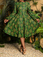 Load image into Gallery viewer, Plus Size, Plus Size Women's Elegant A-Line Short Dress with Green &amp; Golden African Print - Long Sleeve Round Neck Short Length (knee-Length hem) Fitted Bodice &amp; Flowy, Wrinkle-Resistant for Weddings, Parties, - Machine Washa
