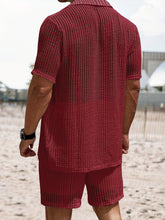 Load image into Gallery viewer, 2Pcs Men's Co-ord Set - Breathable Hollow Out Short Sleeve Shirt and Drawstring Shorts for Summer - Daily Leisure, Vacation, Resorts, and Outdoor Activities
