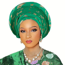 Load image into Gallery viewer, Elegant Nigerian-Inspired Floral Headscarf - Lightweight, Multi-Layered African Wrap for Women, Green with Golden Accents, Perfect for Weddings &amp; Formal Events, Wedding Headwear | Floral Pattern Scarf | Lightweight Headscarf
