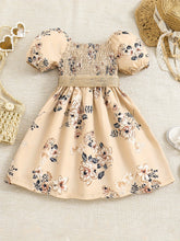 Load image into Gallery viewer, Floral Puff Sleeve Shirred Belted Princess Dress for Girls, Summer Party Beach Vacation Clothes

