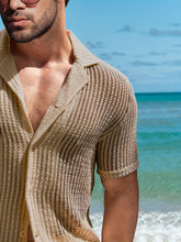 Load image into Gallery viewer, 2Pcs Men's Co-ord Set - Breathable Hollow Out Short Sleeve Shirt and Drawstring Shorts for Summer - Daily Leisure, Vacation, Resorts, and Outdoor Activities
