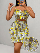 Load image into Gallery viewer, Chic Summer Women's Sexy Floral Print Dress - Vibrant Blue &amp; Yellow, Polyester, Non-Sheer with Waist-Cinching Design, Sleeveless Bodycon Mini with Tropical Foliage Pattern - Perfect for Vacation
