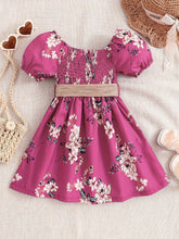 Load image into Gallery viewer, Floral Puff Sleeve Shirred Belted Princess Dress for Girls, Summer Party Beach Vacation Clothes
