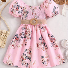 Load image into Gallery viewer, Floral Puff Sleeve Shirred Belted Princess Dress for Girls, Summer Party Beach Vacation Clothes

