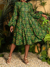 Load image into Gallery viewer, Plus Size, Plus Size Women's Elegant A-Line Short Dress with Green &amp; Golden African Print - Long Sleeve Round Neck Short Length (knee-Length hem) Fitted Bodice &amp; Flowy, Wrinkle-Resistant for Weddings, Parties, - Machine Washa
