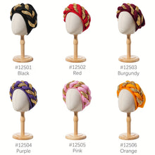 Load image into Gallery viewer, Elegant Golden Spangle 2-Strand Braid Turban - Vibrant African Wedding Headwear, Lightweight Polyester Fabric, Handwash/Dry Clean, Non-Stretch, Toggle Closure, Festive Attire|Luxury Headwrap|Intricate Braiding
