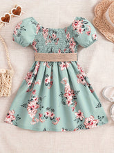 Load image into Gallery viewer, Floral Puff Sleeve Shirred Belted Princess Dress for Girls, Summer Party Beach Vacation Clothes
