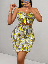 Load image into Gallery viewer, Chic Summer Women's Sexy Floral Print Dress - Vibrant Blue &amp; Yellow, Polyester, Non-Sheer with Waist-Cinching Design, Sleeveless Bodycon Mini with Tropical Foliage Pattern - Perfect for Vacation
