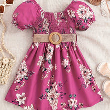Load image into Gallery viewer, Floral Puff Sleeve Shirred Belted Princess Dress for Girls, Summer Party Beach Vacation Clothes
