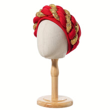 Load image into Gallery viewer, Elegant Golden Spangle 2-Strand Braid Turban - Vibrant African Wedding Headwear, Lightweight Polyester Fabric, Handwash/Dry Clean, Non-Stretch, Toggle Closure, Festive Attire|Luxury Headwrap|Intricate Braiding
