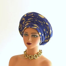 Load image into Gallery viewer, Elegant Nigerian-Inspired Floral Headscarf - Lightweight, Multi-Layered African Wrap for Women, Green with Golden Accents, Perfect for Weddings &amp; Formal Events, Wedding Headwear | Floral Pattern Scarf | Lightweight Headscarf
