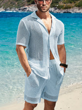 Load image into Gallery viewer, 2Pcs Men's Co-ord Set - Breathable Hollow Out Short Sleeve Shirt and Drawstring Shorts for Summer - Daily Leisure, Vacation, Resorts, and Outdoor Activities
