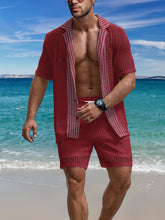 Load image into Gallery viewer, 2Pcs Men's Co-ord Set - Breathable Hollow Out Short Sleeve Shirt and Drawstring Shorts for Summer - Daily Leisure, Vacation, Resorts, and Outdoor Activities
