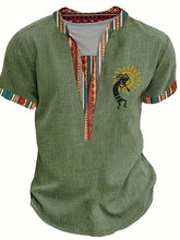 Load image into Gallery viewer, Men'S Vintage Green Henley Shirt with Traditional African Patterns - Casual Short Sleeve, Button-Up, V-Neck, Summer Wear, Polyester Blend, Button Detail, African Fashion Shirt

