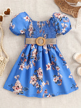 Load image into Gallery viewer, Floral Puff Sleeve Shirred Belted Princess Dress for Girls, Summer Party Beach Vacation Clothes
