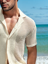 Load image into Gallery viewer, 2Pcs Men's Co-ord Set - Breathable Hollow Out Short Sleeve Shirt and Drawstring Shorts for Summer - Daily Leisure, Vacation, Resorts, and Outdoor Activities
