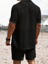 Load image into Gallery viewer, 2Pcs Men's Co-ord Set - Breathable Hollow Out Short Sleeve Shirt and Drawstring Shorts for Summer - Daily Leisure, Vacation, Resorts, and Outdoor Activities
