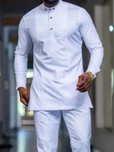 Load image into Gallery viewer, Men'S White Dashiki 2pcs Set, Special Neckline Detail &amp; Tailored Fit, Clean Cut, Long Sleeve Shirt + Easy-Fit Pants, African-Inspired Style For Streetwear, Weddings &amp; Cultural Events
