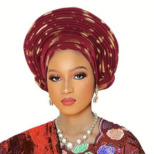 Load image into Gallery viewer, Elegant Nigerian-Inspired Floral Headscarf - Lightweight, Multi-Layered African Wrap for Women, Green with Golden Accents, Perfect for Weddings &amp; Formal Events, Wedding Headwear | Floral Pattern Scarf | Lightweight Headscarf
