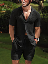 Load image into Gallery viewer, 2Pcs Men's Co-ord Set - Breathable Hollow Out Short Sleeve Shirt and Drawstring Shorts for Summer - Daily Leisure, Vacation, Resorts, and Outdoor Activities
