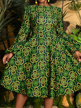 Load image into Gallery viewer, Plus Size, Plus Size Women's Elegant A-Line Short Dress with Green &amp; Golden African Print - Long Sleeve Round Neck Short Length (knee-Length hem) Fitted Bodice &amp; Flowy, Wrinkle-Resistant for Weddings, Parties, - Machine Washa
