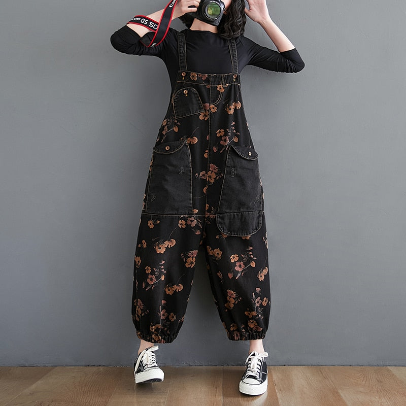 Loose Jeans Black Jumpsuit Women Casual Oversized Baggy Ladies Pants Big Pockets Print Floral Denim Overalls Straps Jean Rompers