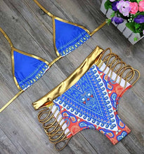 Load image into Gallery viewer, New African Print Two-Pieces Bath Suits Bikini Set Sexy Geometric Swimwear Swimsuit Gold High Waist Swimming Suit
