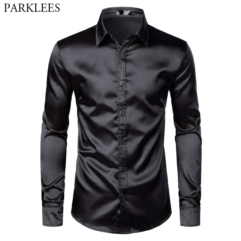 Men's Black Satin Luxury Dress Shirts 2019 Silk Smooth Men Tuxedo Shirt Slim Fit Wedding Party Prom Casual Shirt Chemise Homme