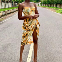 Load image into Gallery viewer, Vintage Yellow Tie dye Flower print  Spaghetti Strap Dress Hem Slim Waist Slit Irregular Long Dresses Sling Vestido
