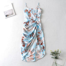 Load image into Gallery viewer, Vintage Yellow Tie dye Flower print  Spaghetti Strap Dress Hem Slim Waist Slit Irregular Long Dresses Sling Vestido
