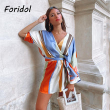 Load image into Gallery viewer, Foridol V Neck Stripe Casual Satin Romper Women Batwing Sleeve Wide Leg Fashion Playsuits Overalls Bowknot Loose Rompers 114
