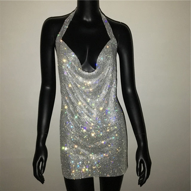 NEW Crystal Dress Women Luxury Rhinestone Halter Dance Party Diamante Backless Split Mini Dresses