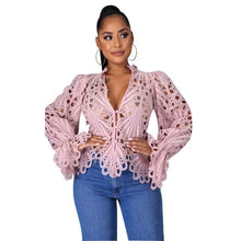 Load image into Gallery viewer, New Elegant Long Sleeve Hollow Out Mesh Lace Shirt Sheer See Through Top Blouse Clothing Dashiki African Shirts For Women 116
